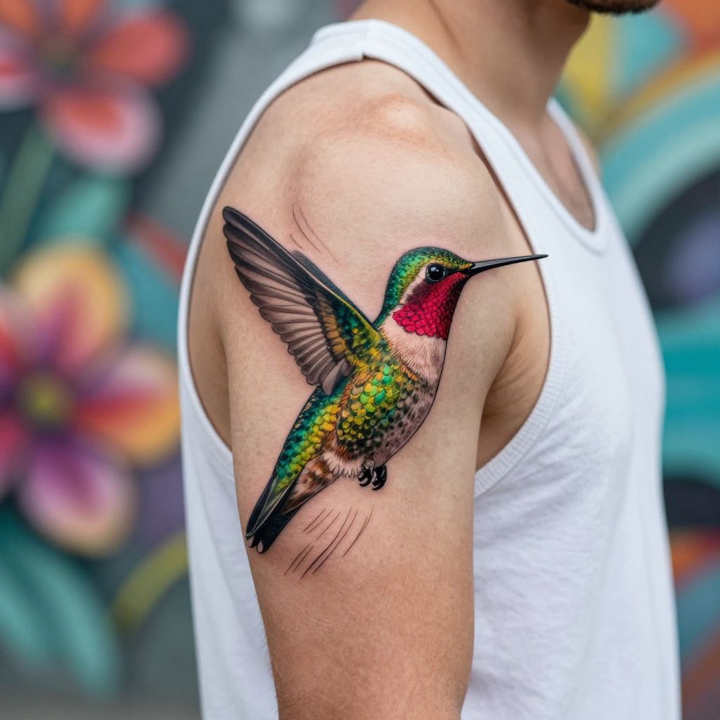 Realistic Hummingbird in Flight tattoo idea