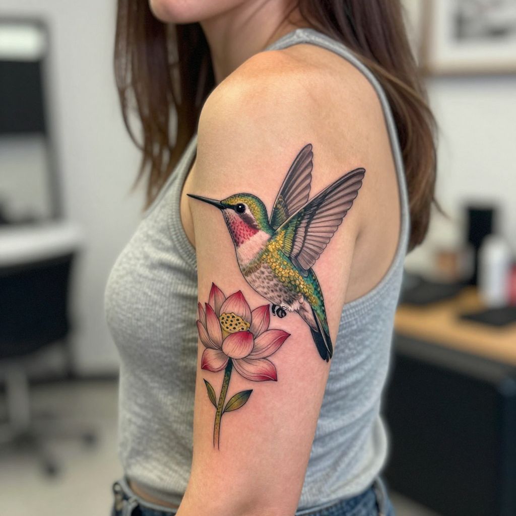 Hummingbird With Open Flowers tattoo idea