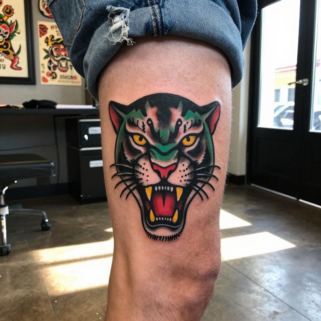 Panther face knee tattoo idea