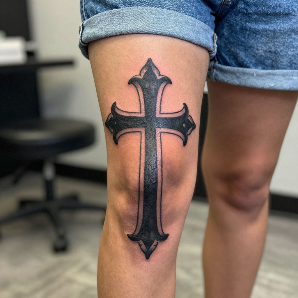 Gothic cross knee tattoo idea