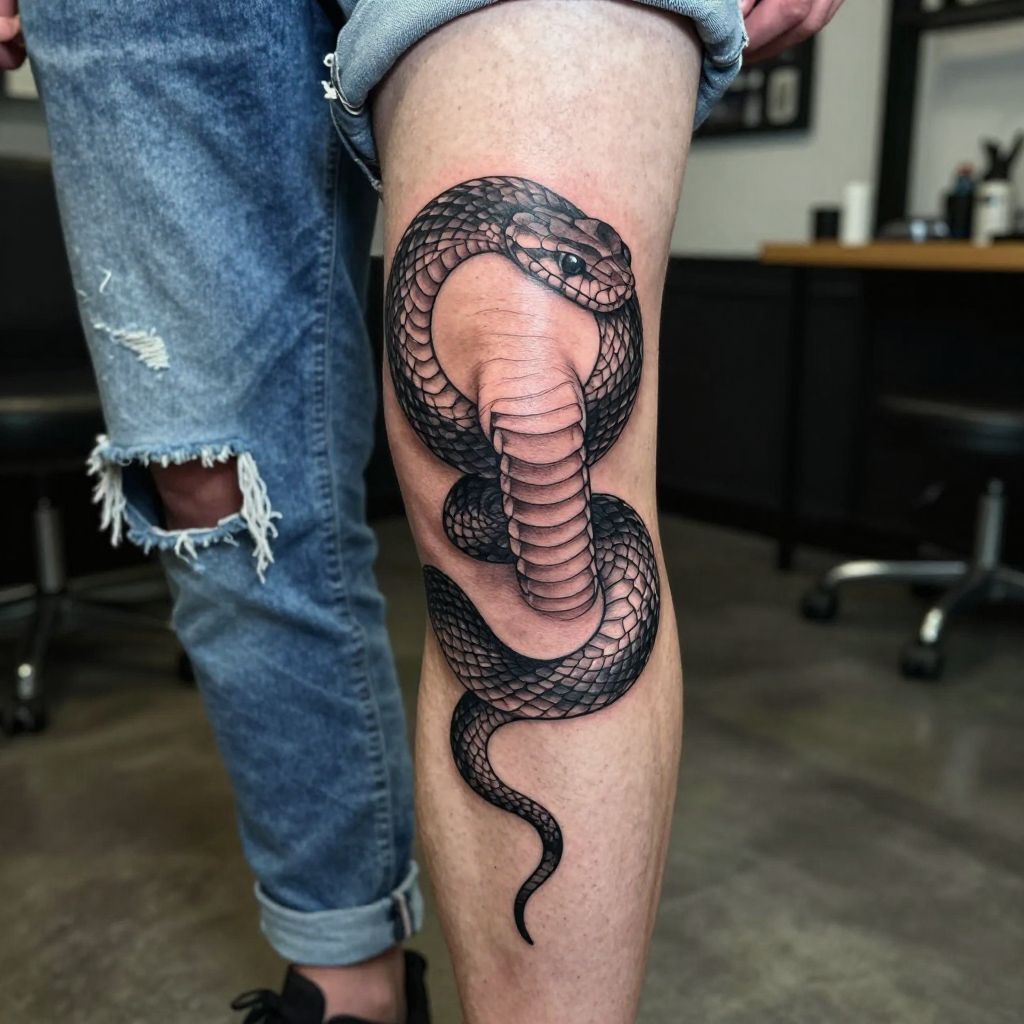 Snake wrapped around knee tattoo idea