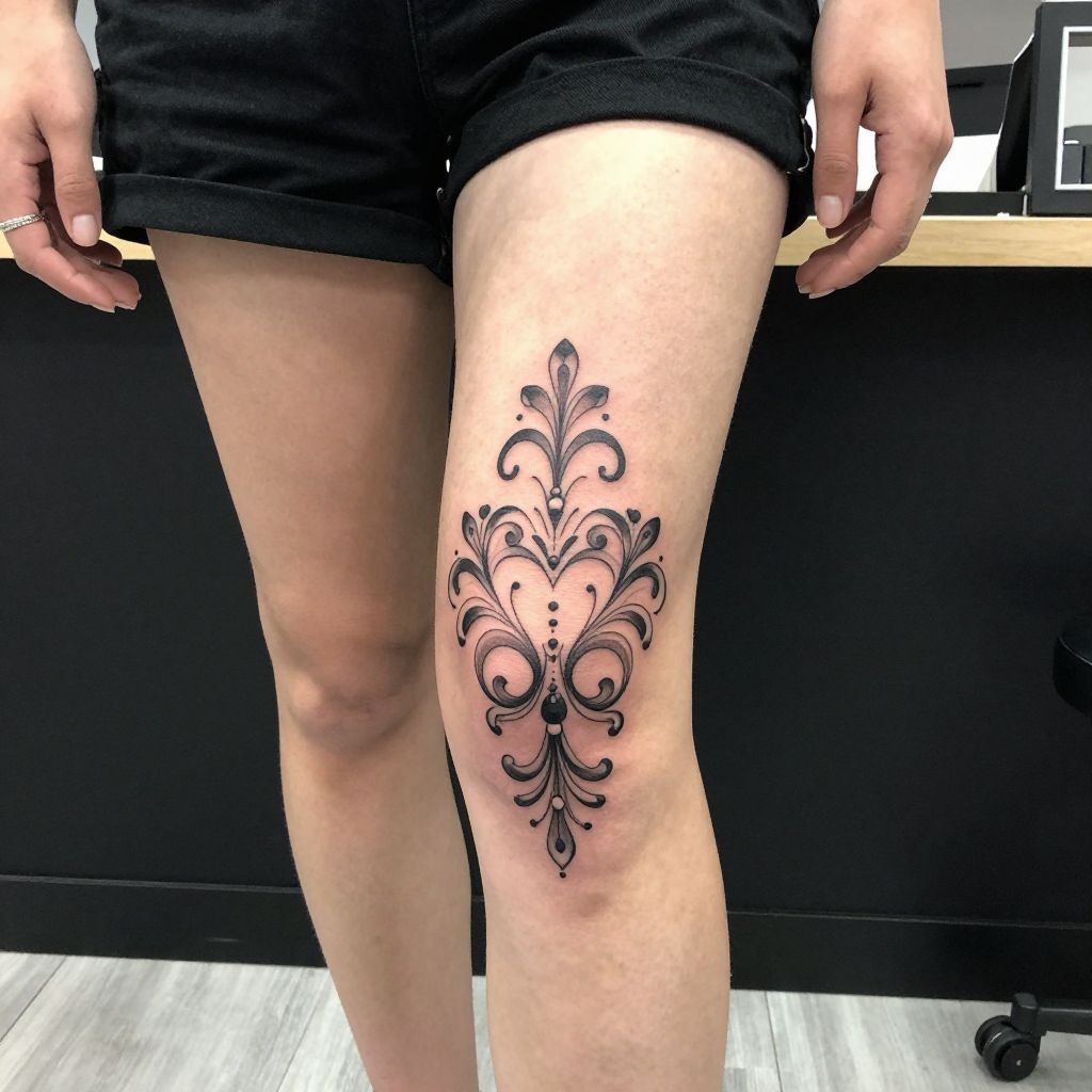 Ornamental knee jewel tattoo idea