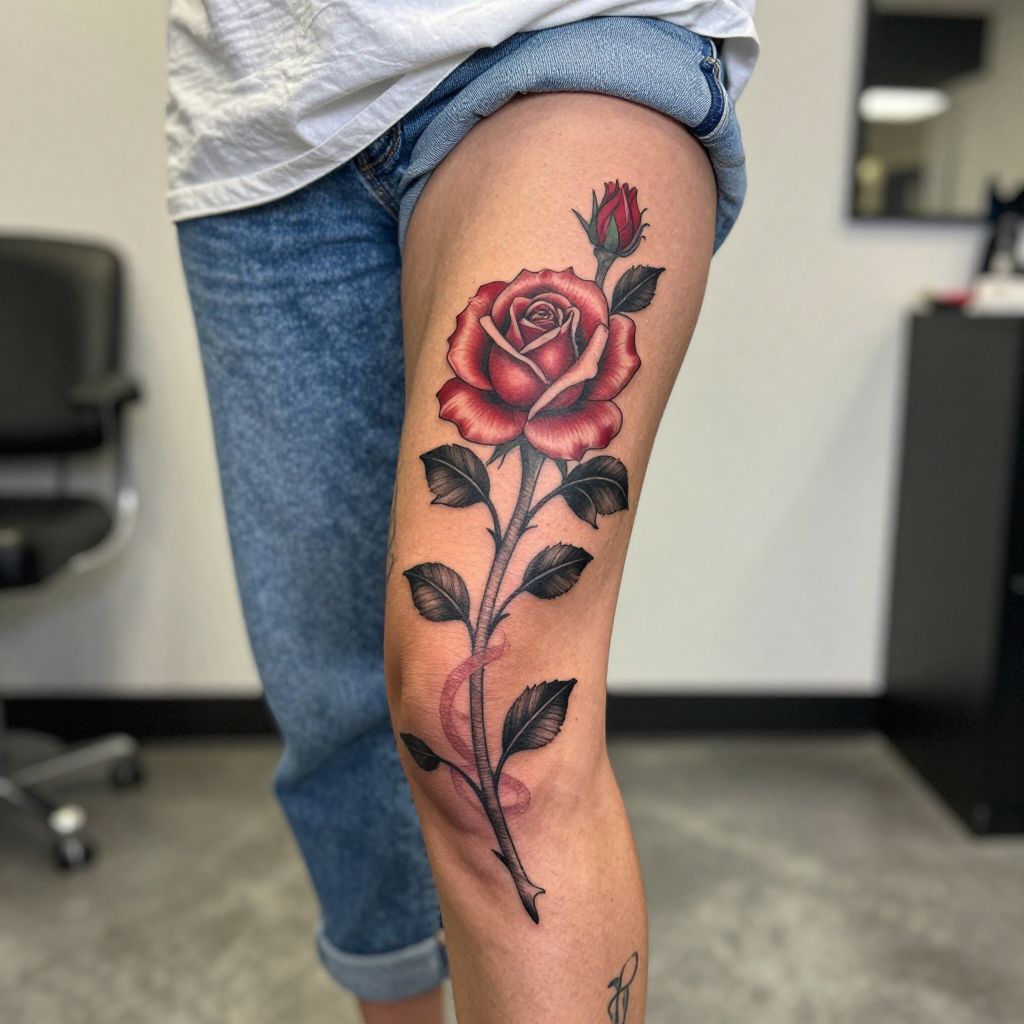Classic Rose Vine Leg Tattoo