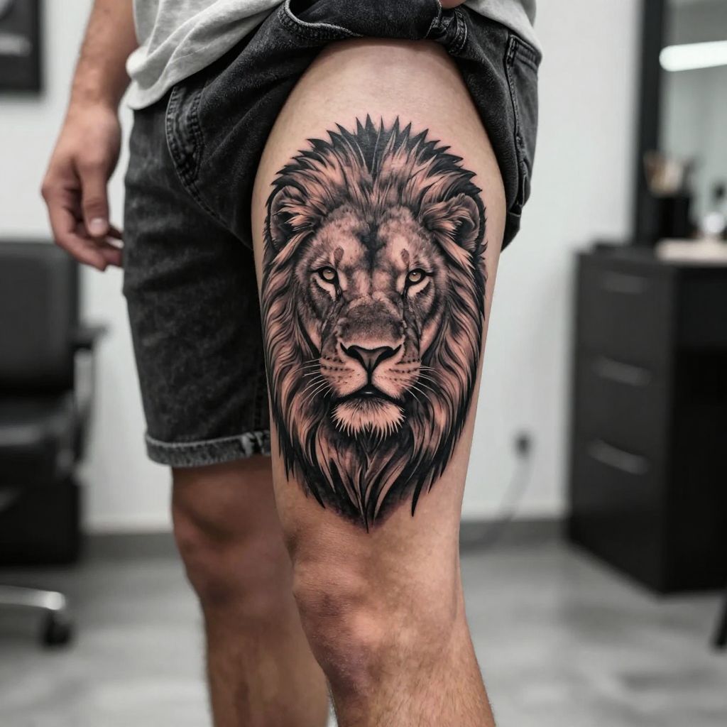 Lion Thigh Armor Tattoo