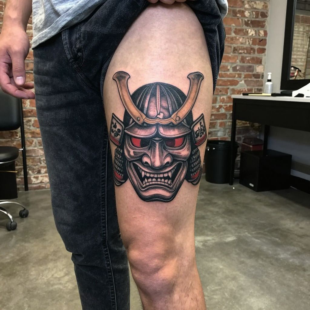 Samurai Mask Calf Tattoo