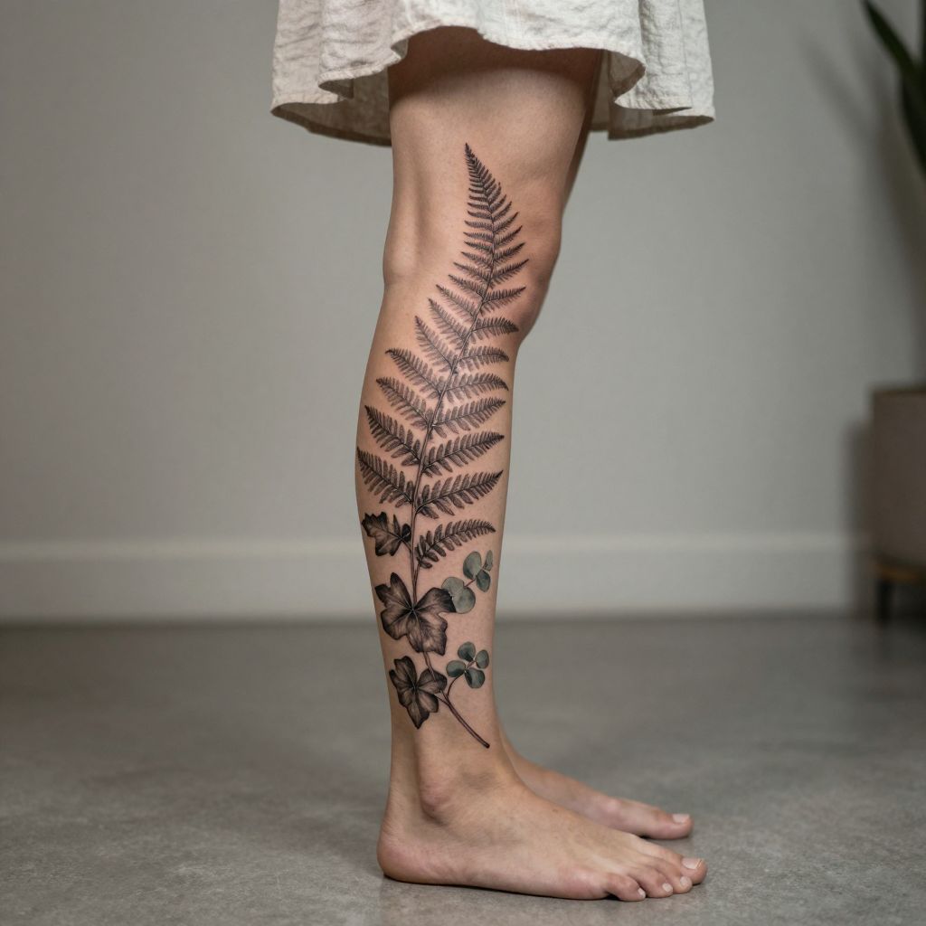 Botanical Wrap Around Shin Tattoo