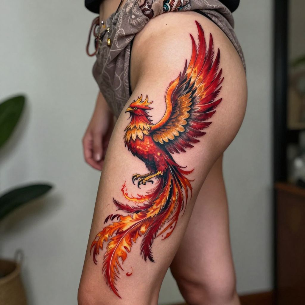 Phoenix Rising Thigh Tattoo