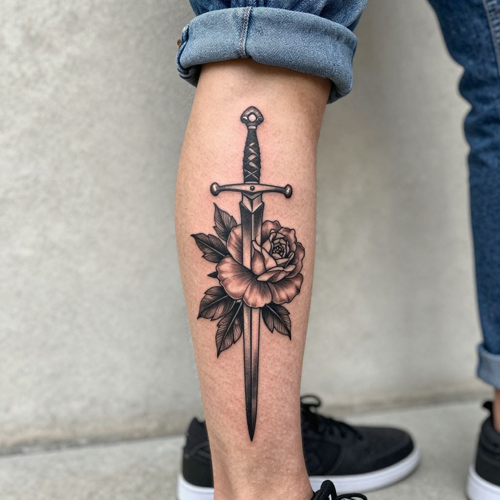 Sword and Flower Calf Tattoo