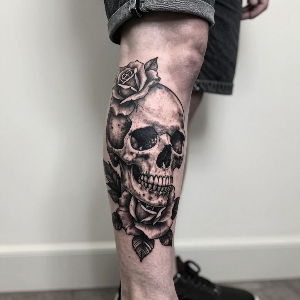 Skull and Rose Leg Tattoo