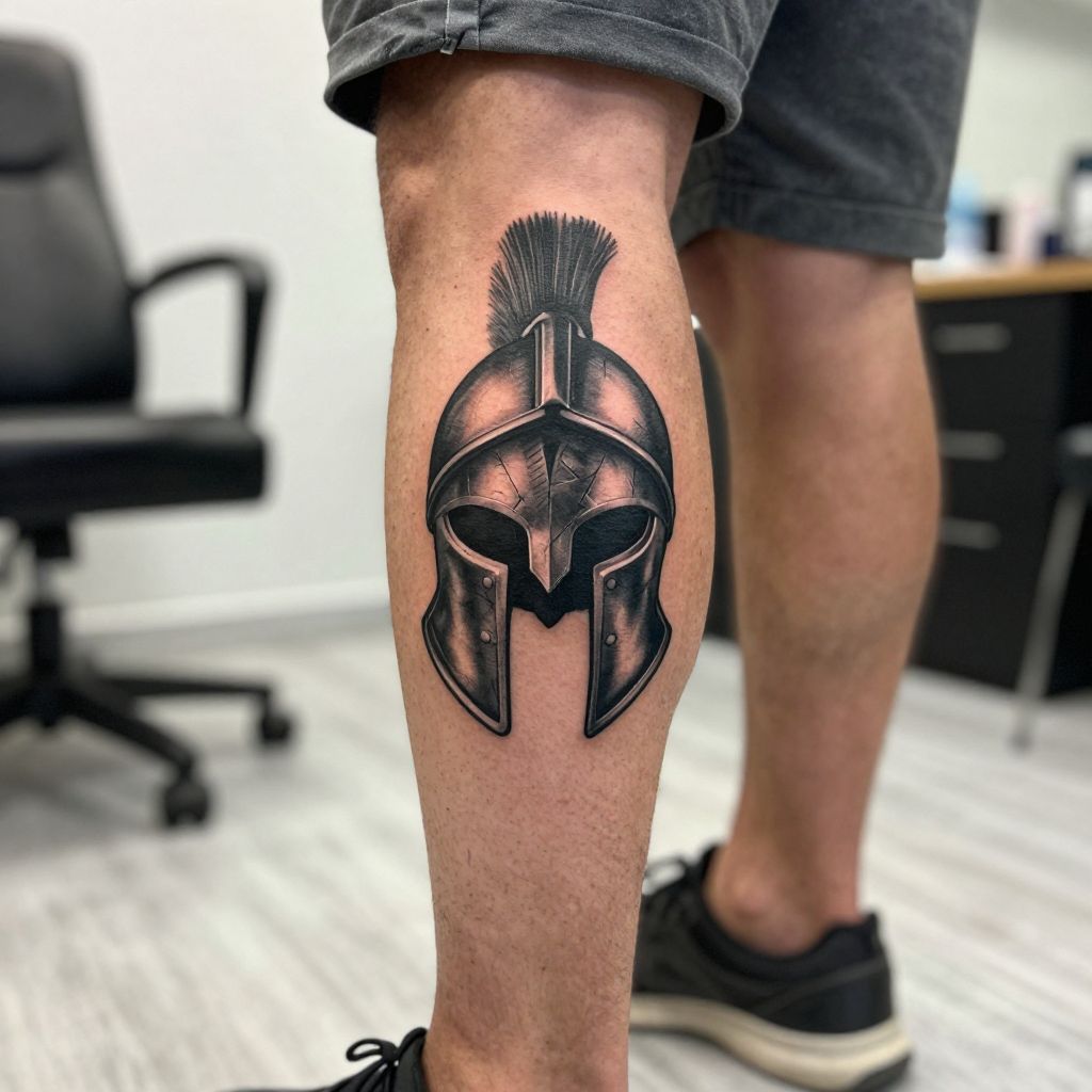 Spartan Helmet Leg Tattoo
