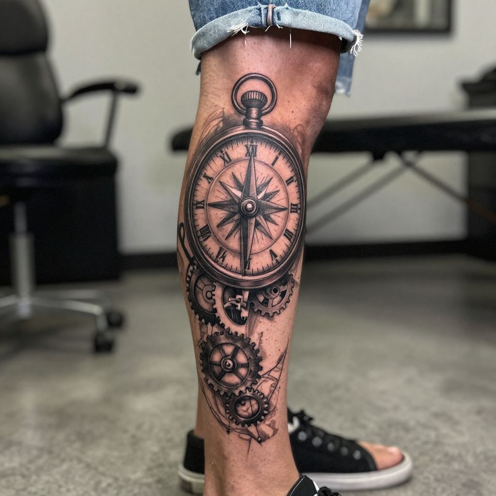 Clock and Compass Leg Tattoo