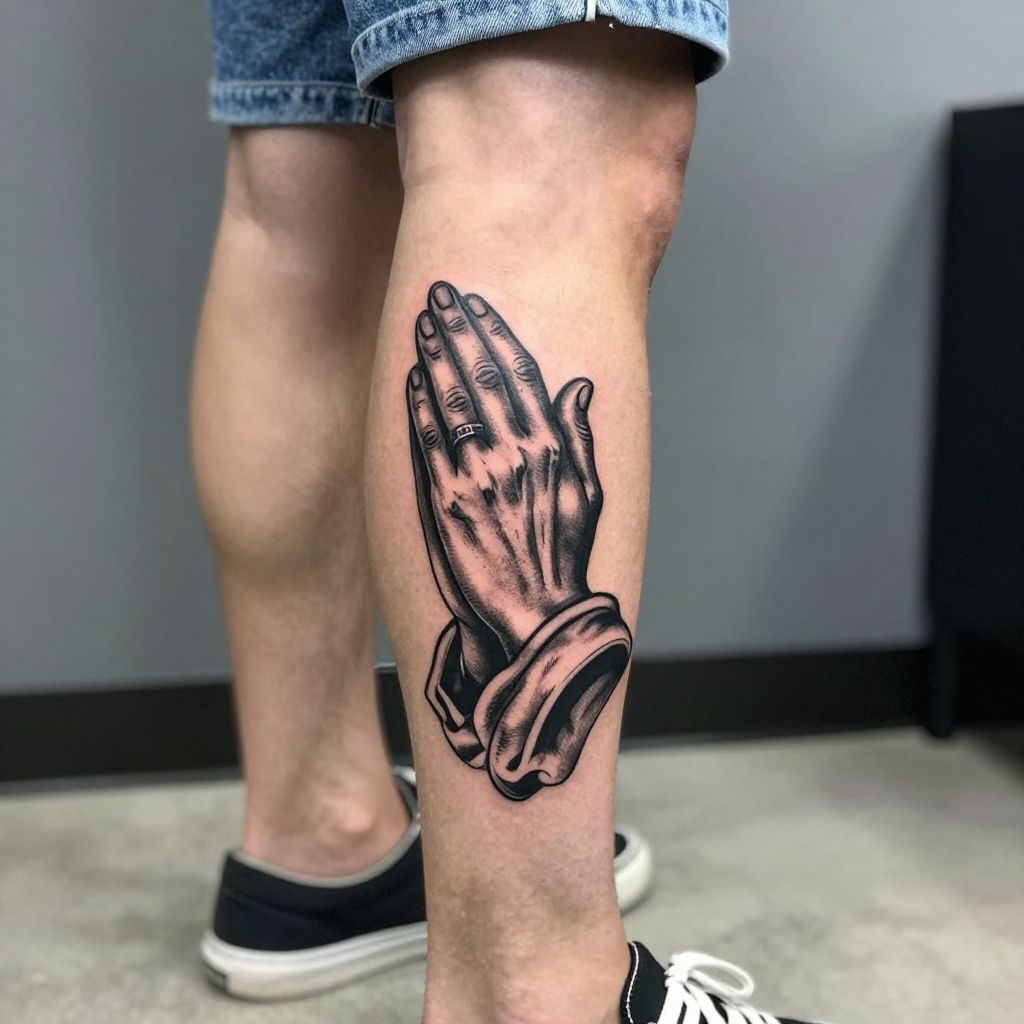 Blackwork Praying Hands Leg Tattoo