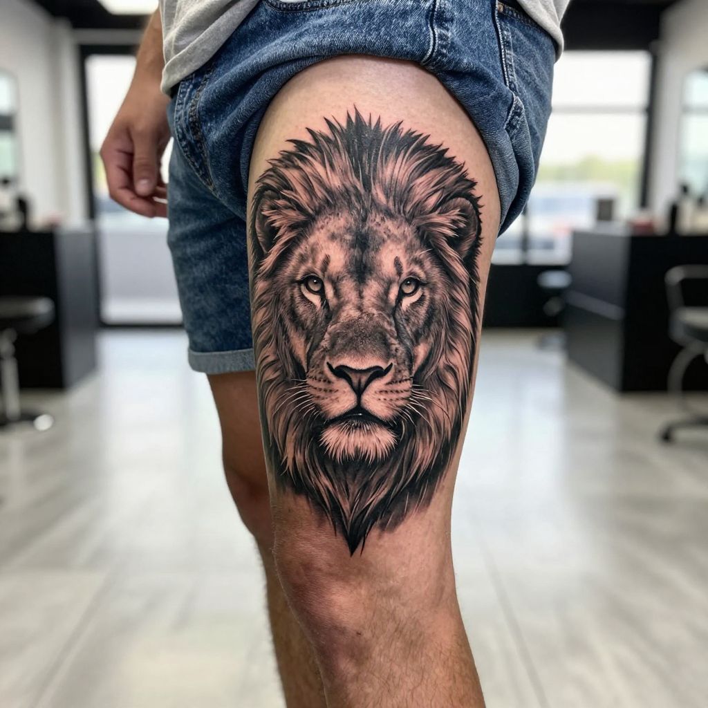 Lion Portrait Leg Tattoo