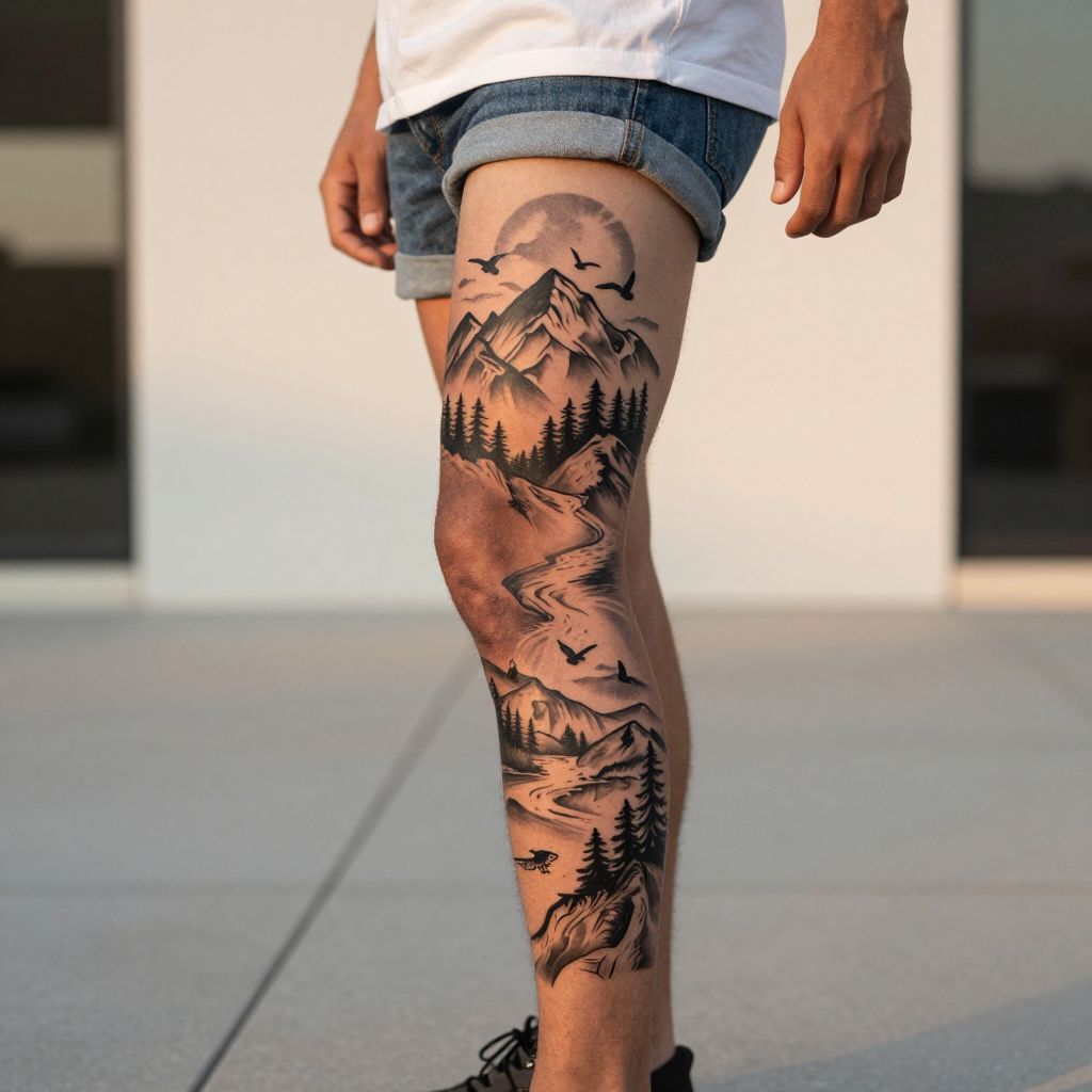 Full Nature Sleeve Leg Tattoo