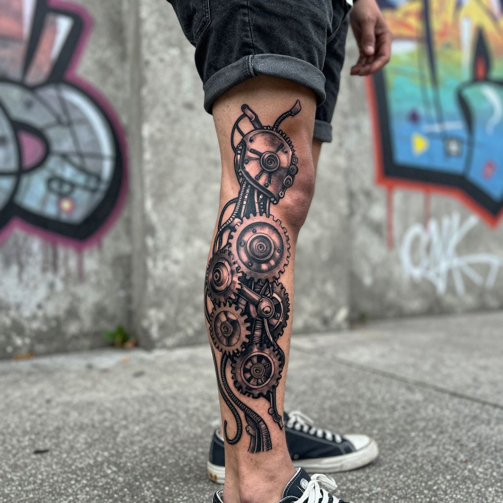 Mechanical Cyborg Leg Tattoo