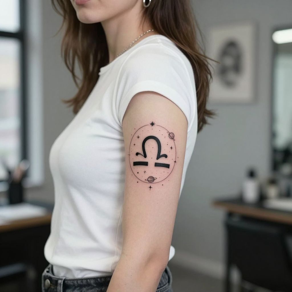 Celestial Libra Symbol with Stars and Planets image