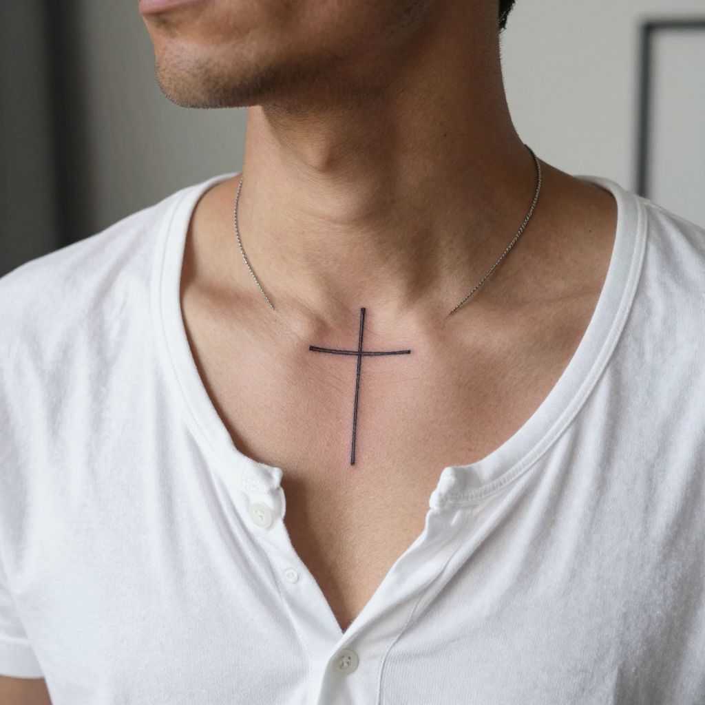 Minimalist Cross Collarbone Tattoo