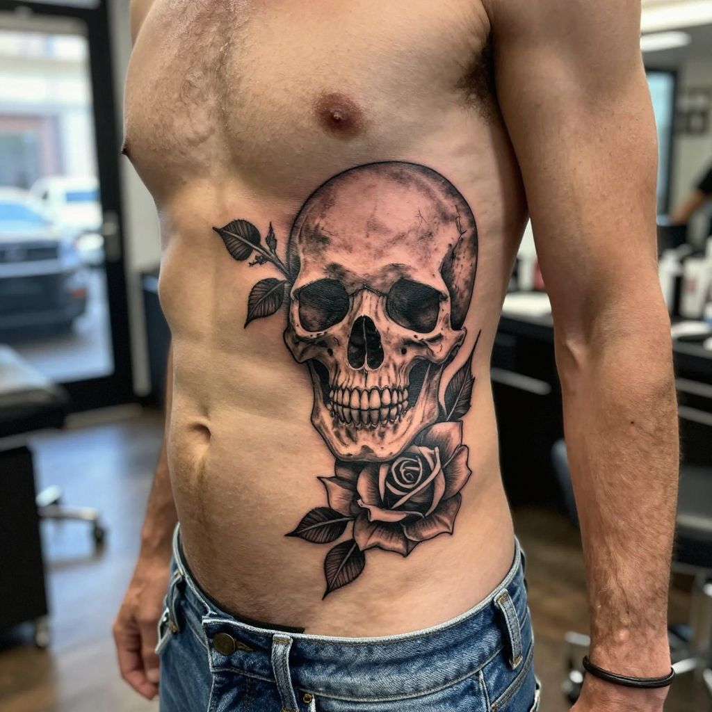 Skull and Rose Rib Tattoo