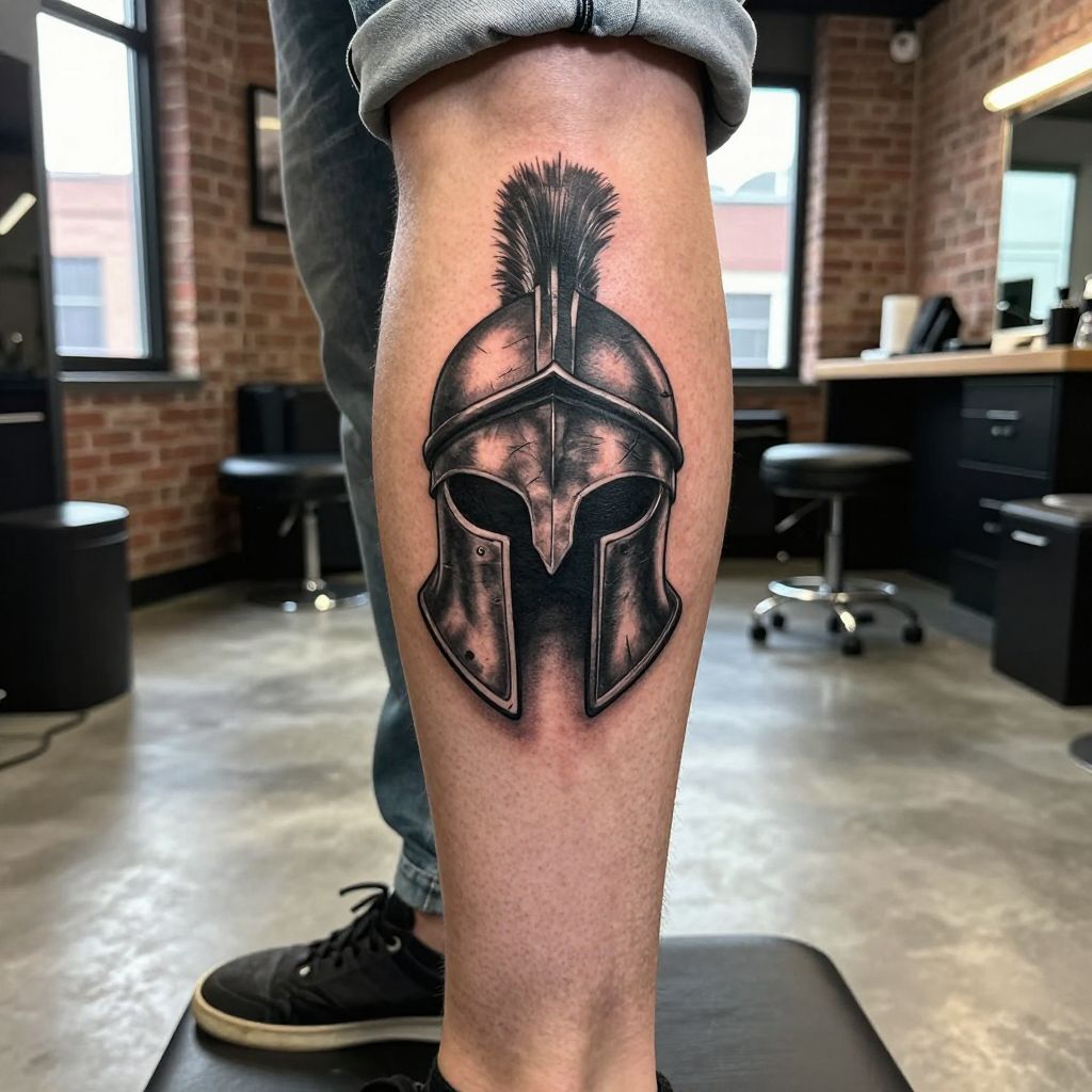 Spartan Helmet Calf Tattoo