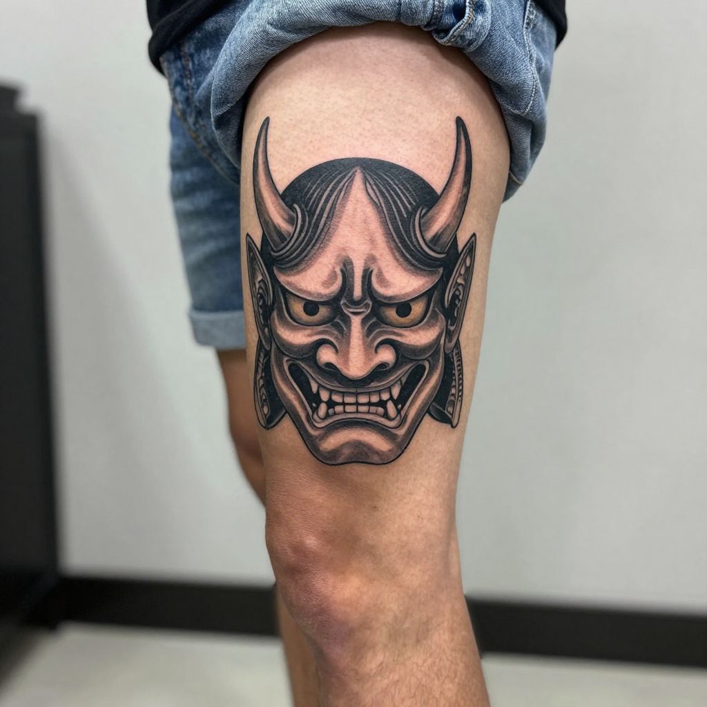 Samurai Mask Thigh Tattoo