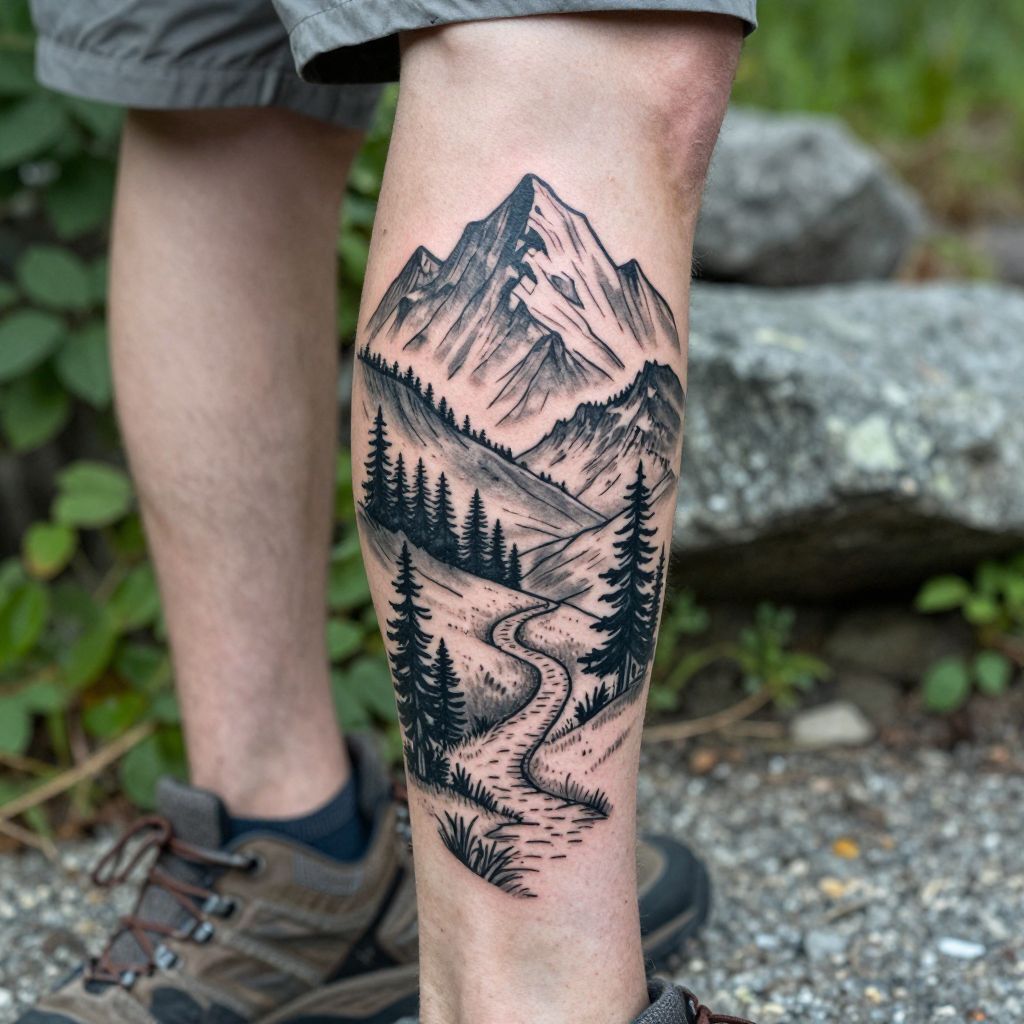 Mountain Landscape Calf Tattoo