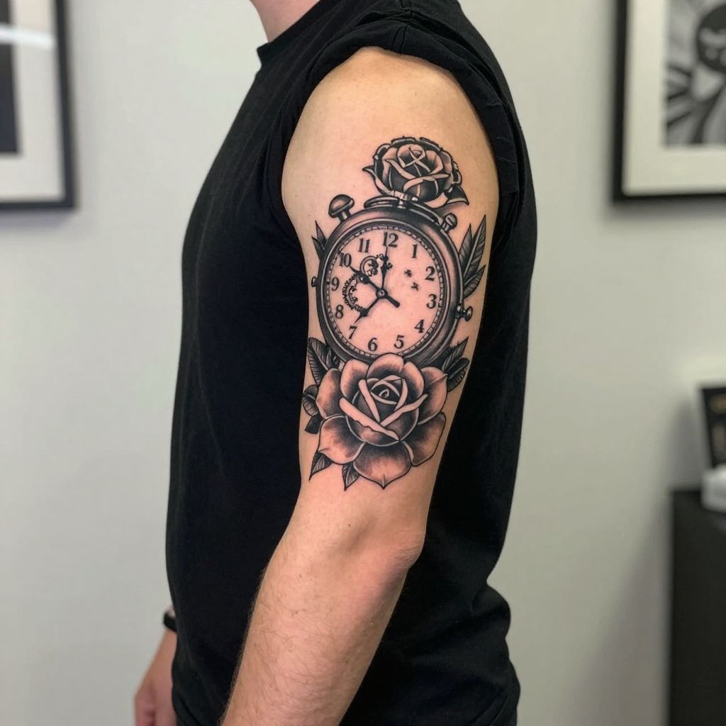 Clock and Rose Upper Arm Tattoo