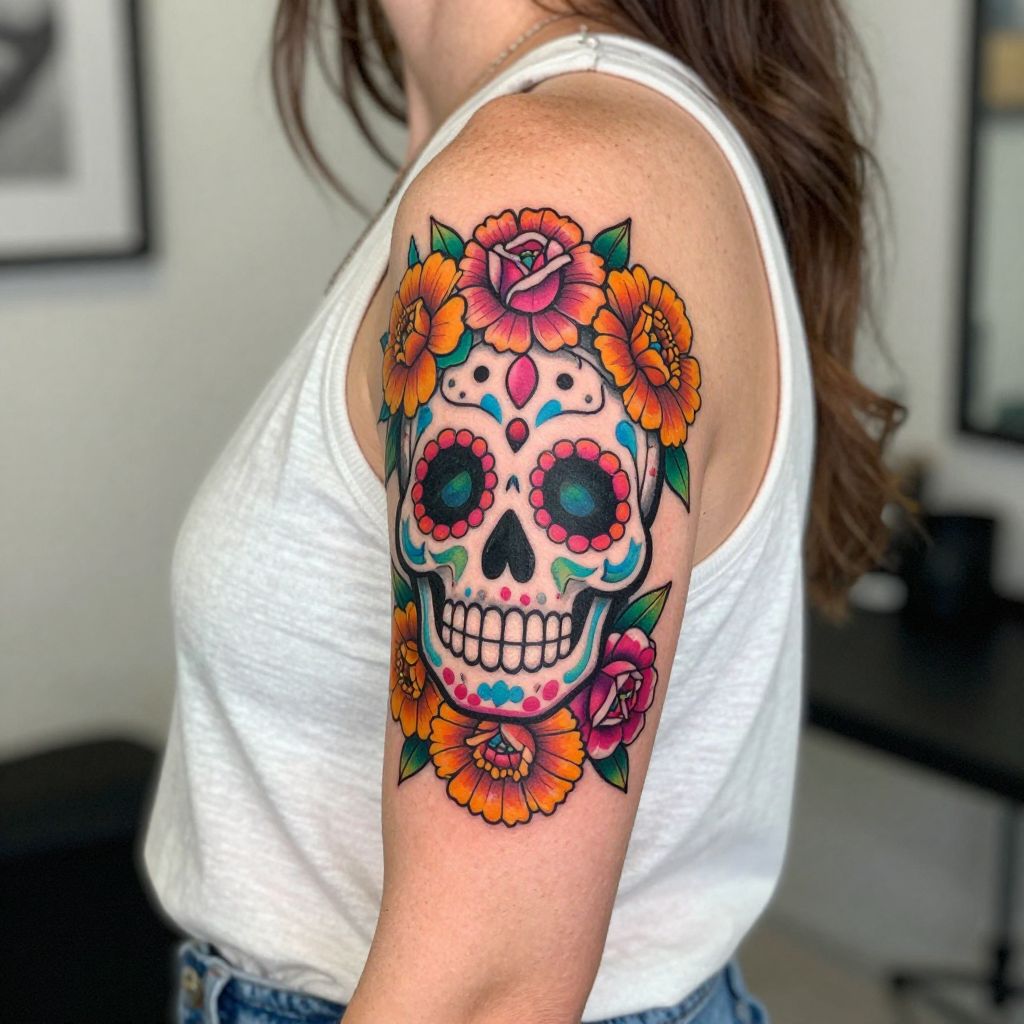 Sugar Skull with Flowers tattoo