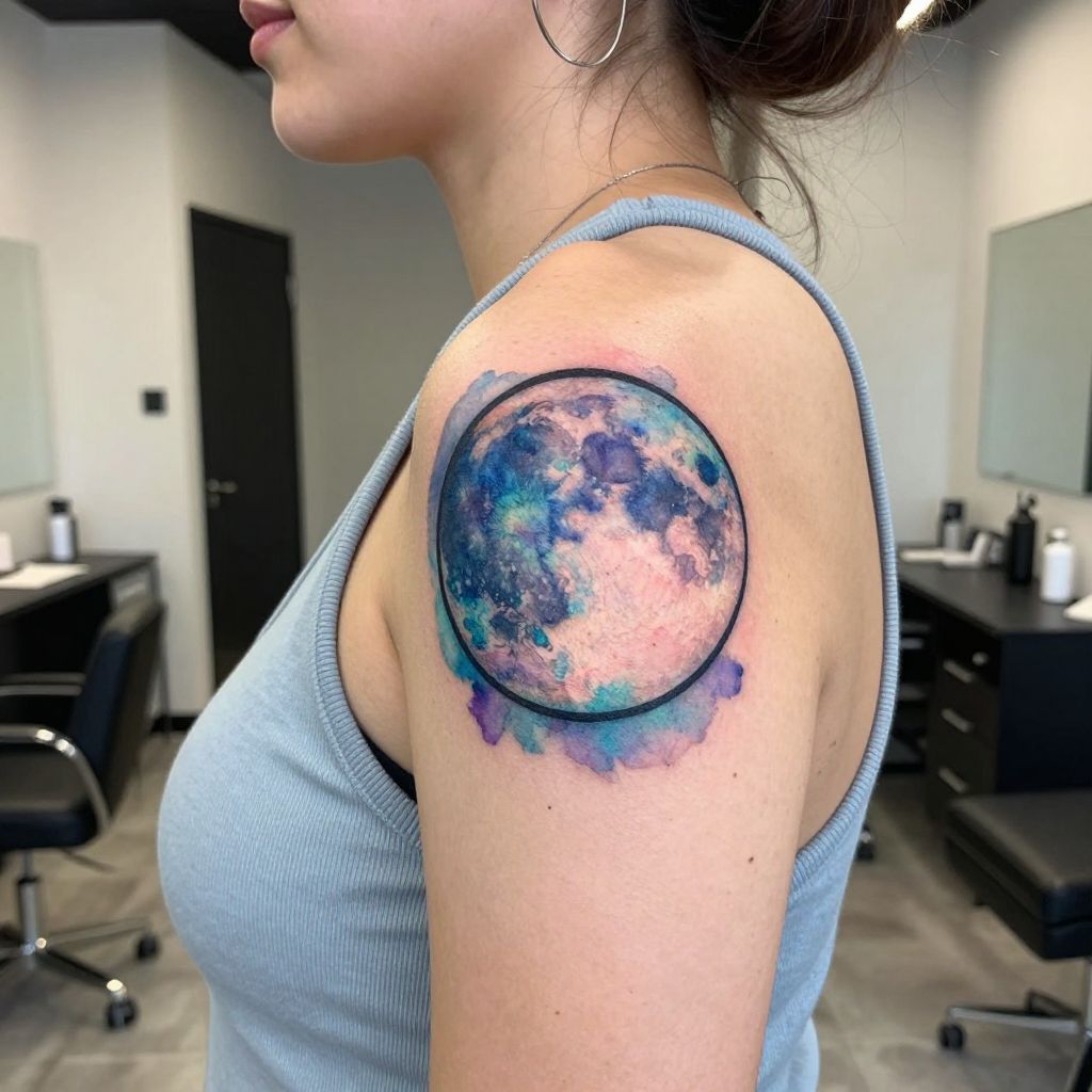 Watercolor Moon Shoulder Tattoo