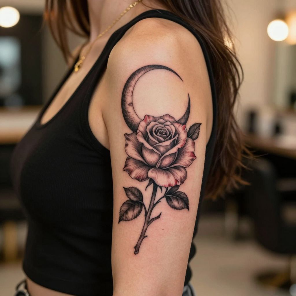 Moon and Rose Tattoo