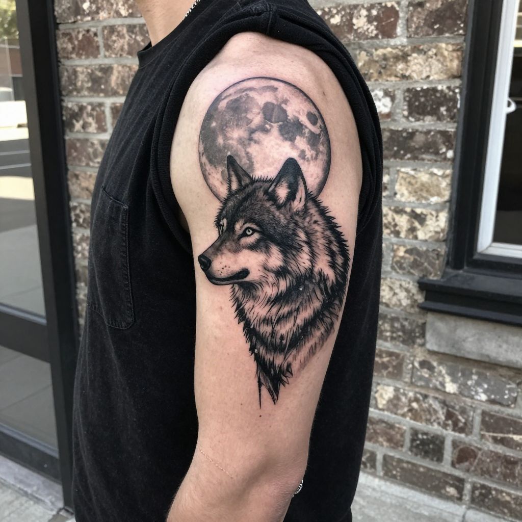 Moon and Wolf Tattoo