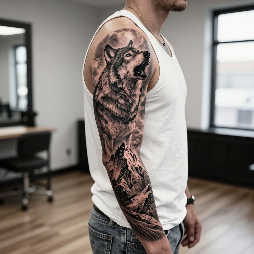 Mountain and Wolf Combo tattoo idea