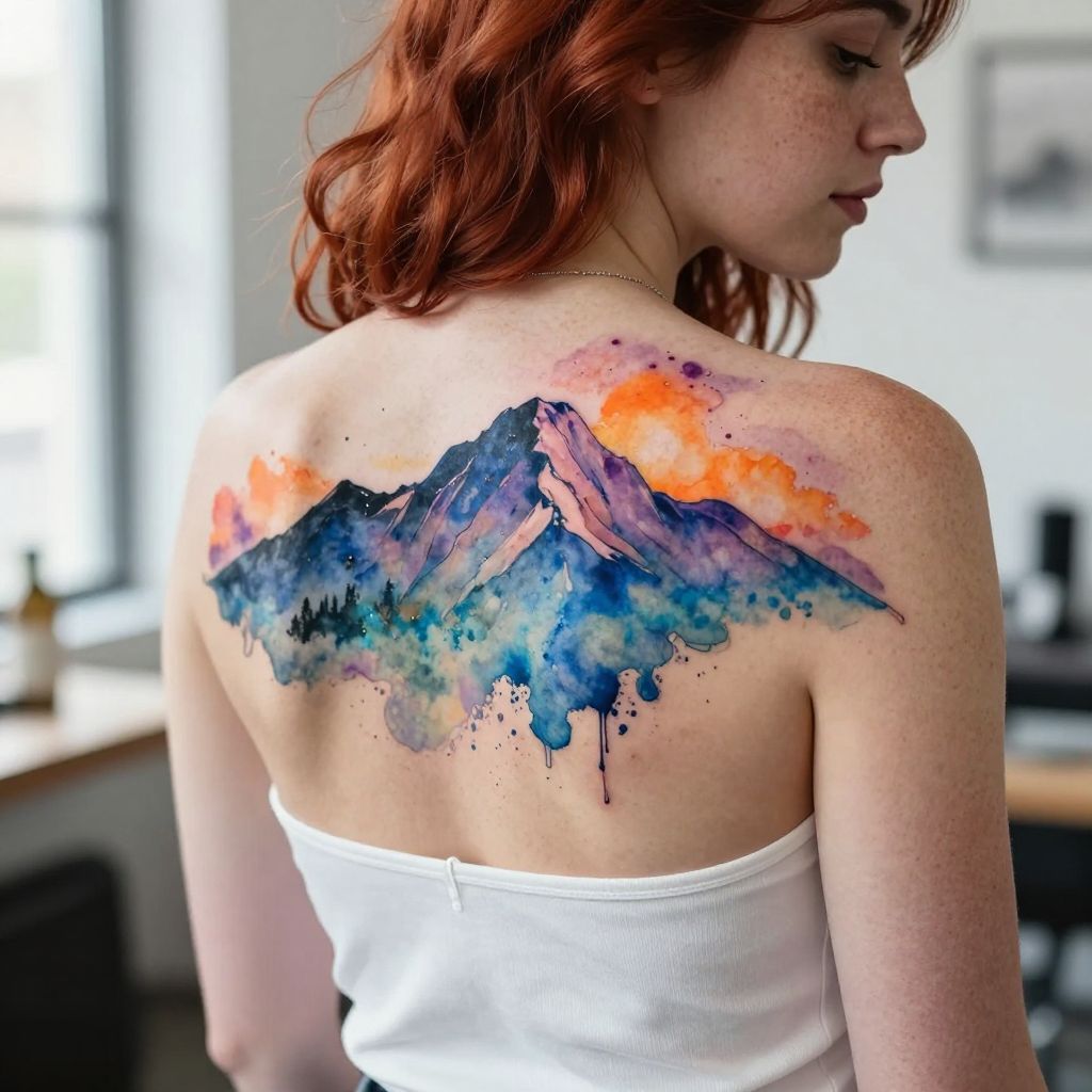 Watercolor Mountain Scene tattoo idea