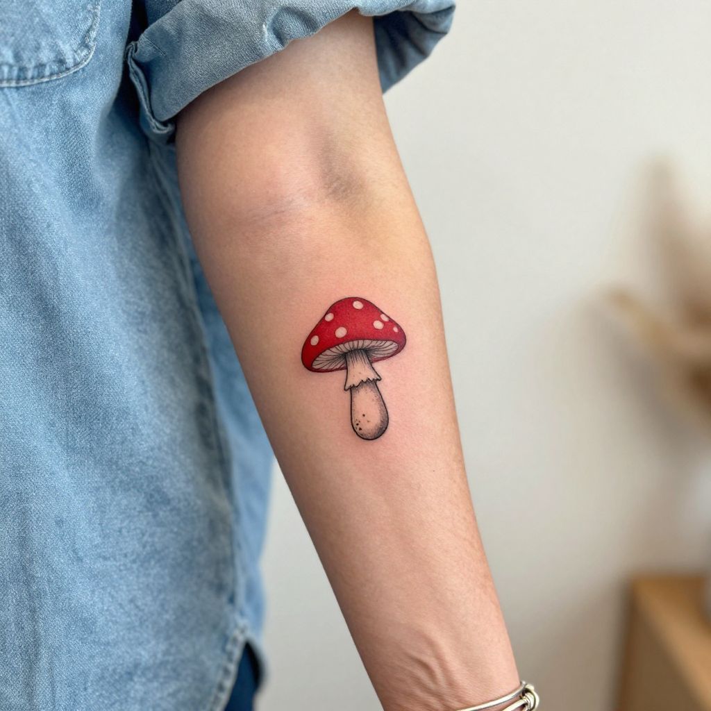 Tiny Red Cap Mushroom tattoo idea