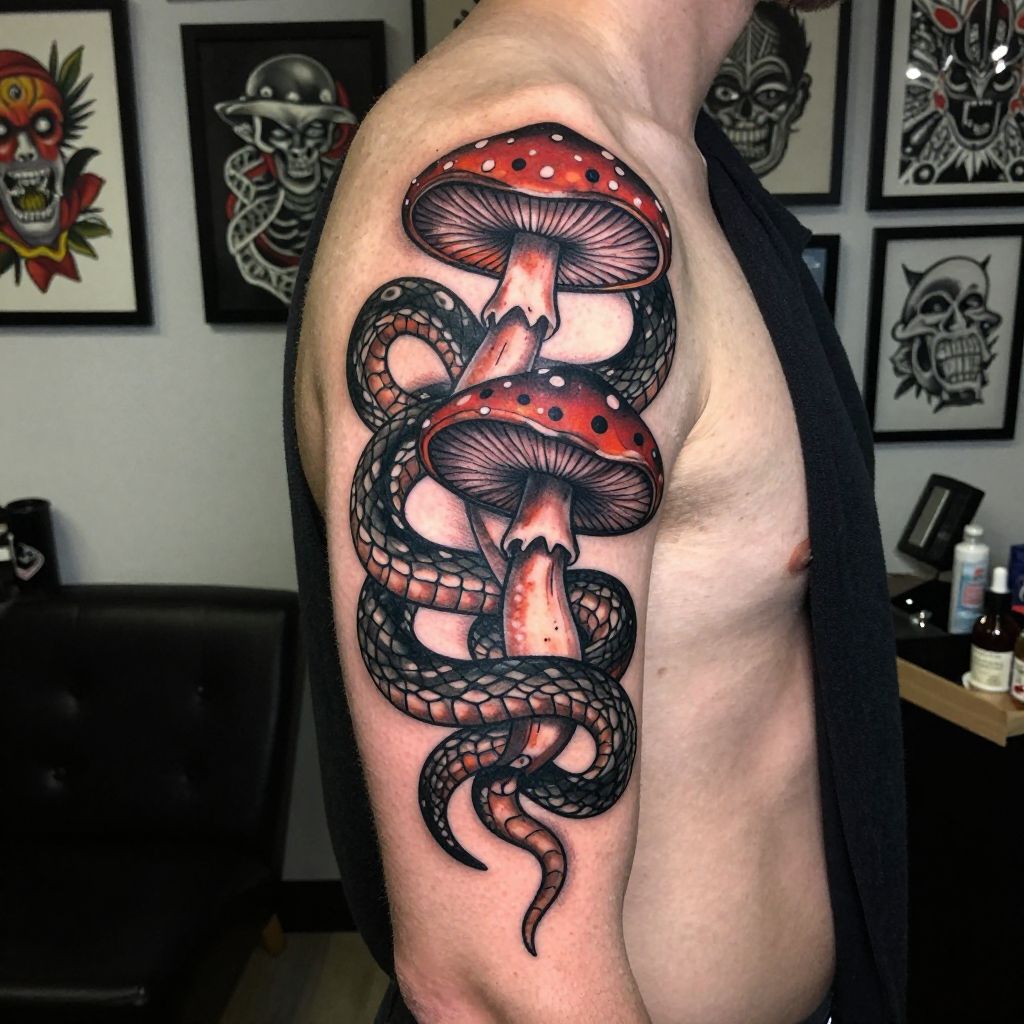 Mushrooms With Snake Coils tattoo idea