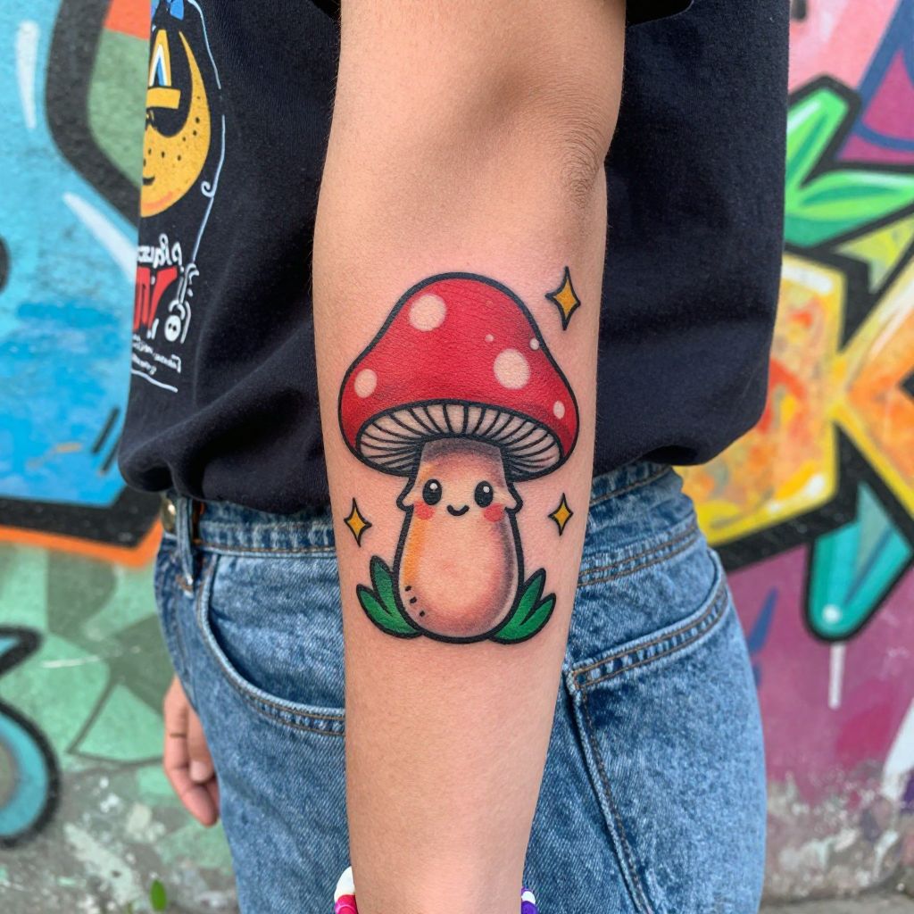 Cute Cartoon Mushroom tattoo idea
