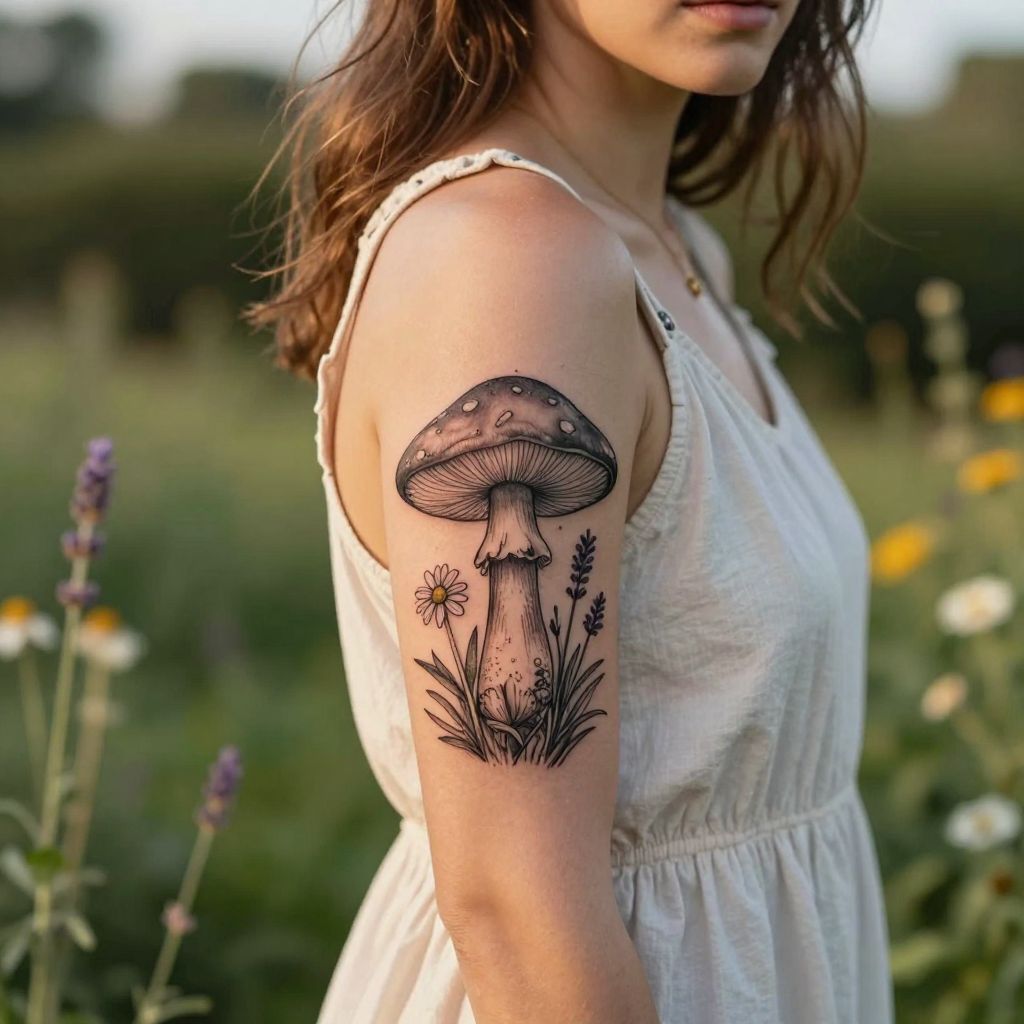 Mushroom With Wildflowers tattoo idea