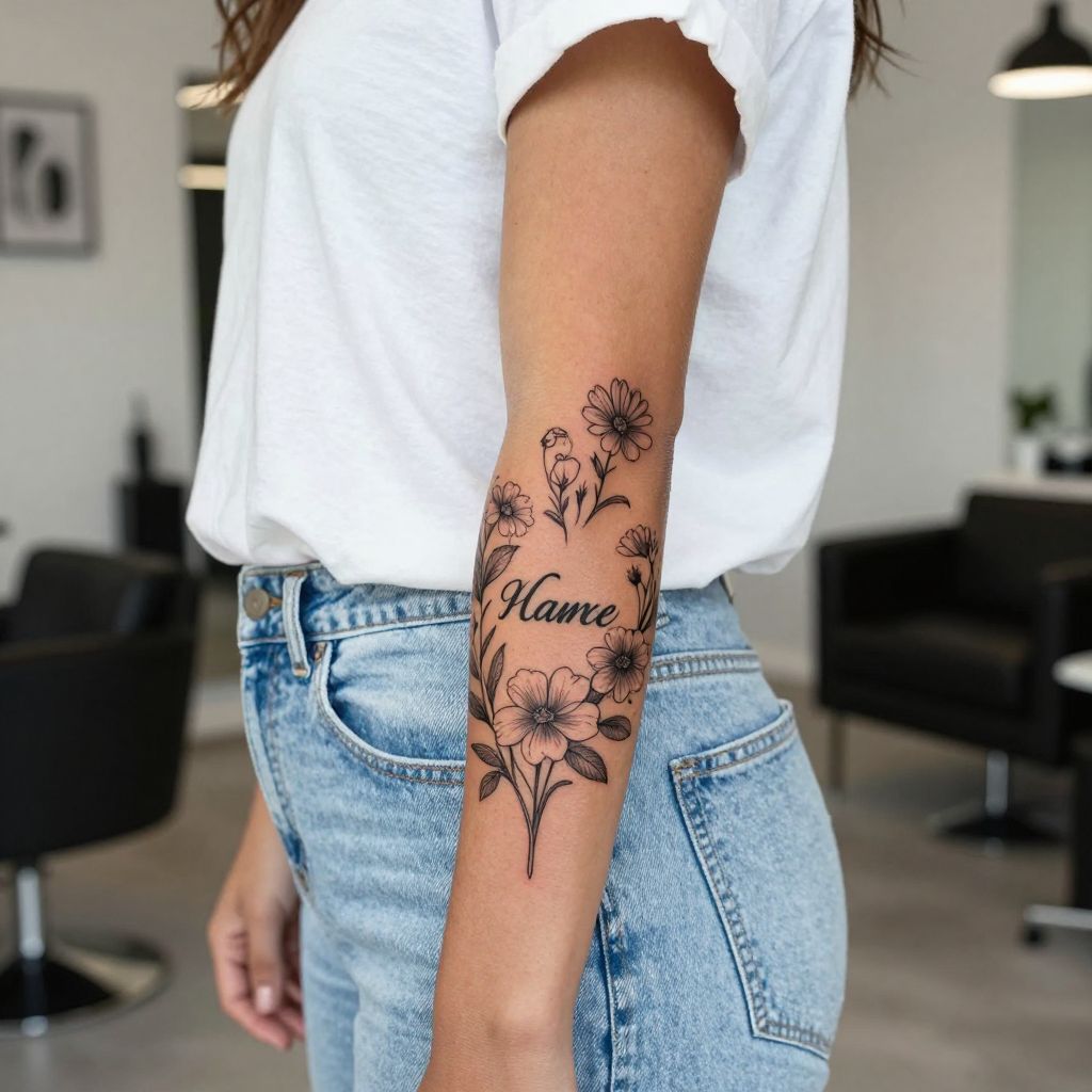 Name With Birth Flowers tattoo idea