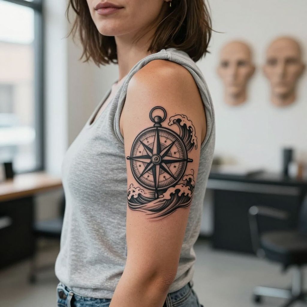 Classic Nautical Compass with Ocean Waves