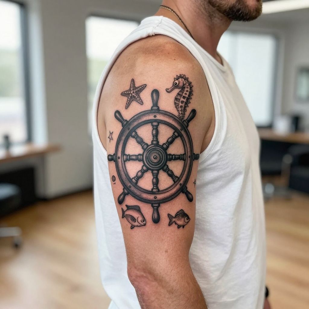 Ship Wheel Surrounded by Sea Creatures