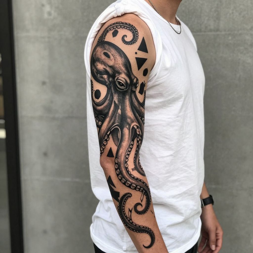 Blackwork Octopus with Geometric Shapes