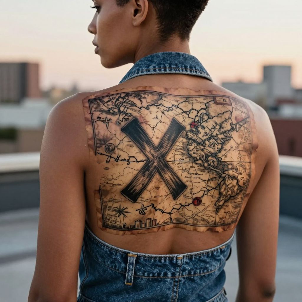 Treasure map and X mark tattoo idea