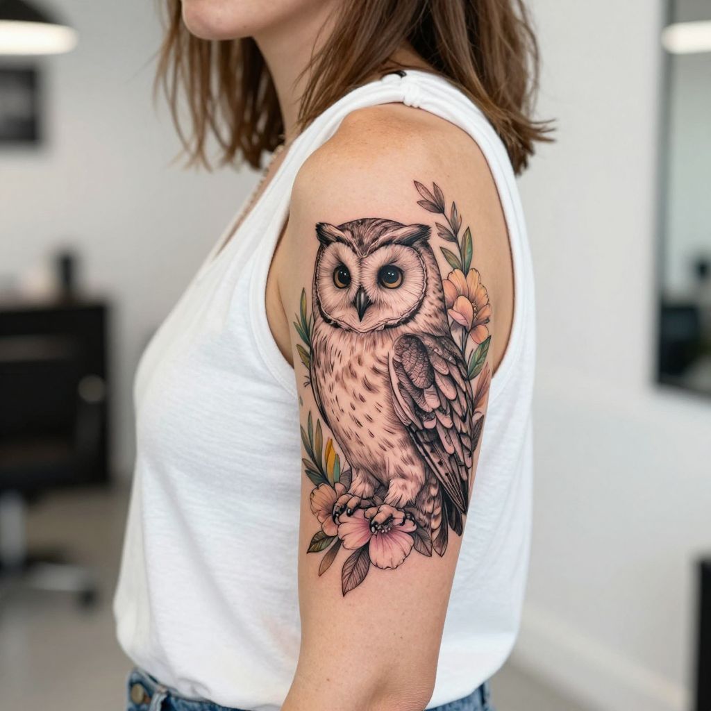 Floral Owl with Botanical Details