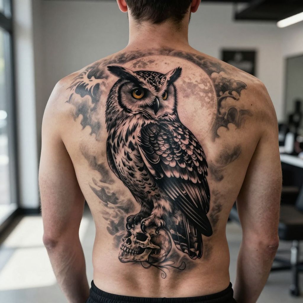 Moonlit Owl Perching on a Skull