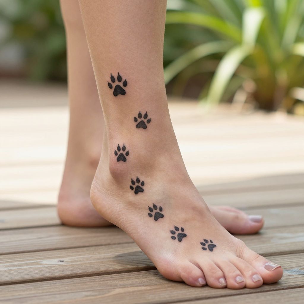 Paw Print with Footprint Trail on Foot
