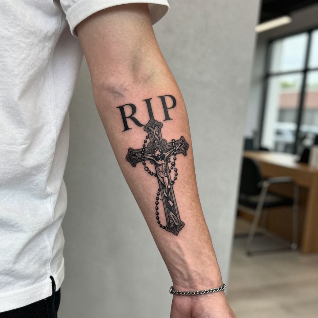 RIP with Cross and Rosary Beads
