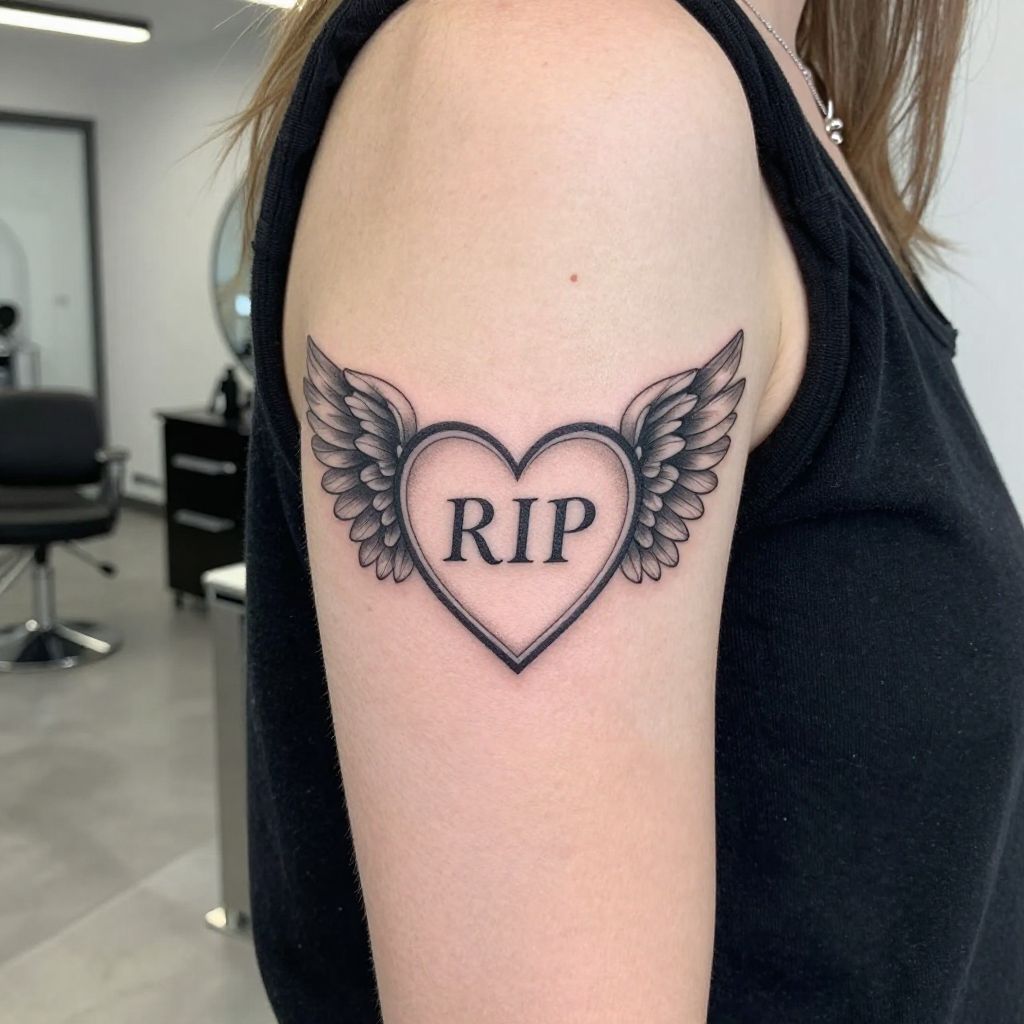 RIP Inside a Heart-Shaped Frame with Wings