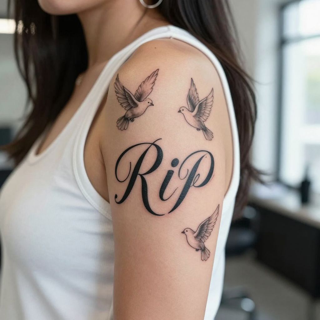 RIP in Script with Doves Flying Away