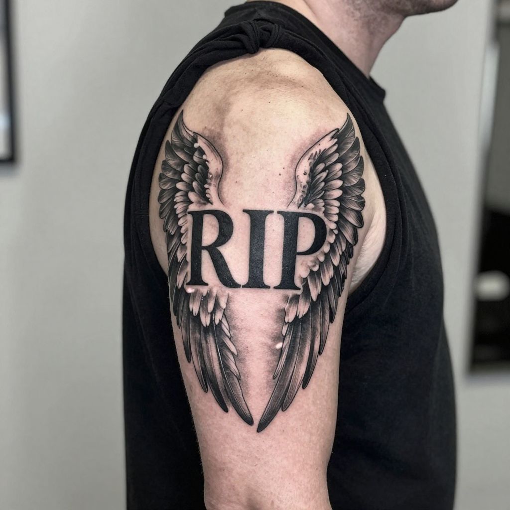 Angel Wings Embracing RIP Letters
