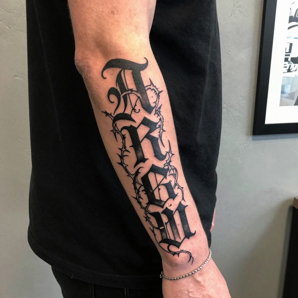 RIP in Gothic Lettering with Thorn Vines