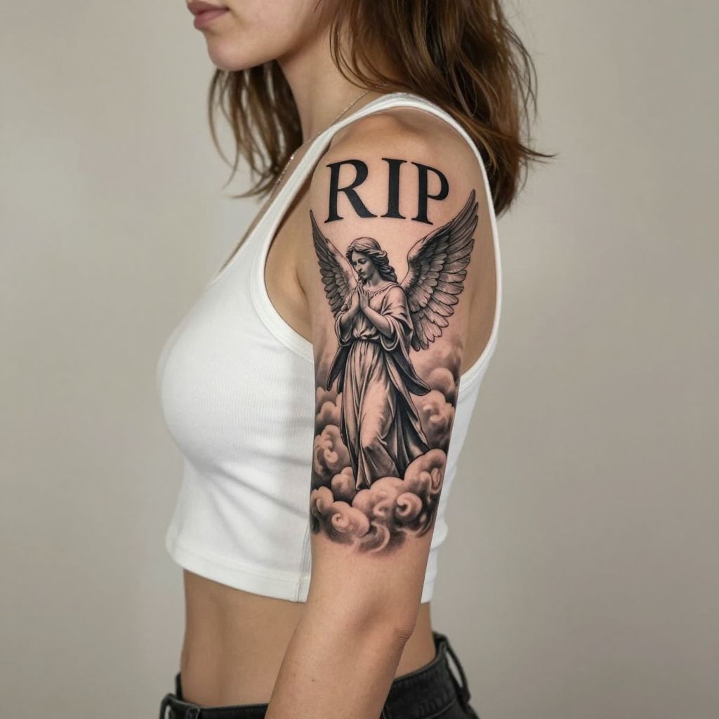 RIP with Angel Statue and Clouds